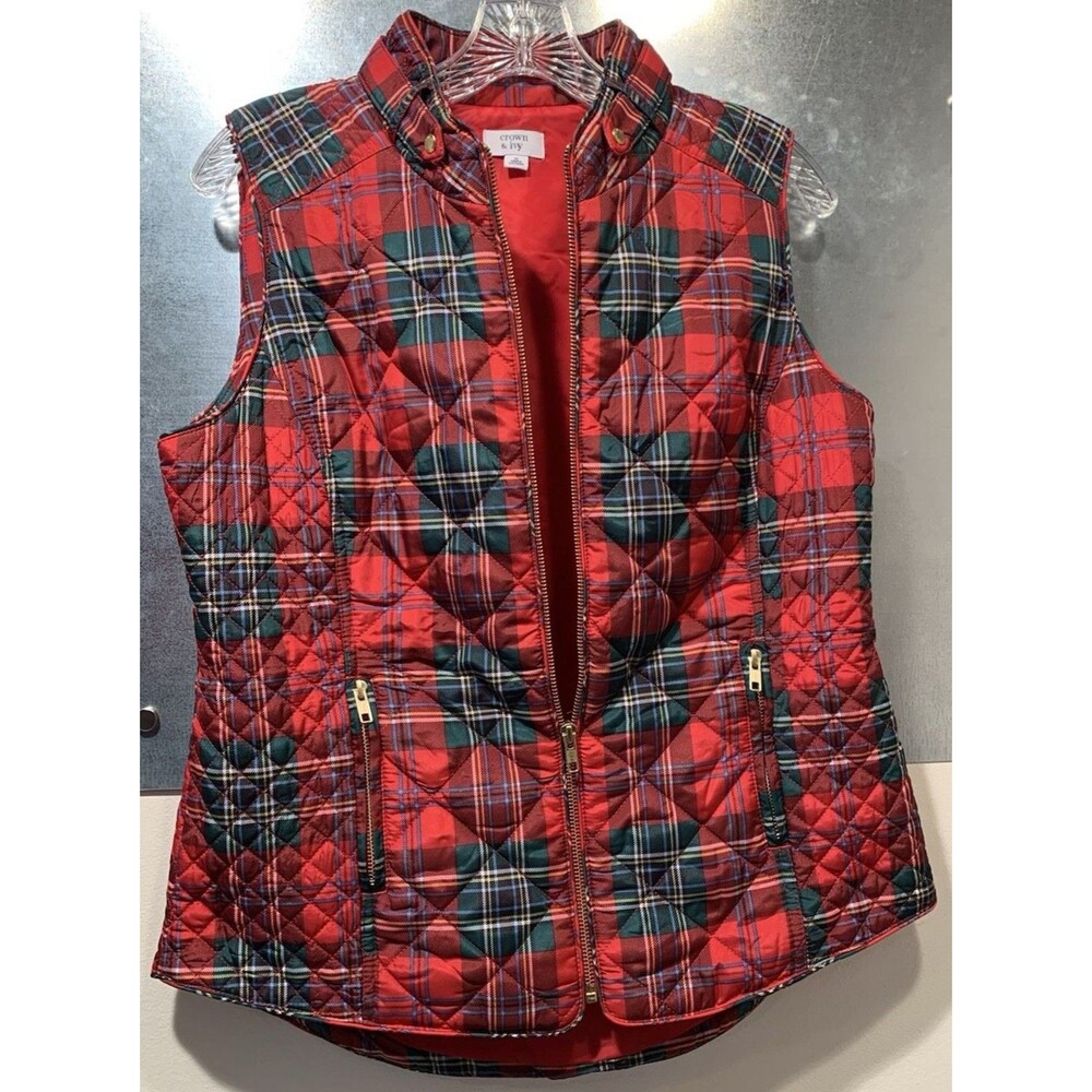 Vest Zip Barn Chore Horse Bright Brass Plaid Quilted Mock Collar Med Crown & Ivy